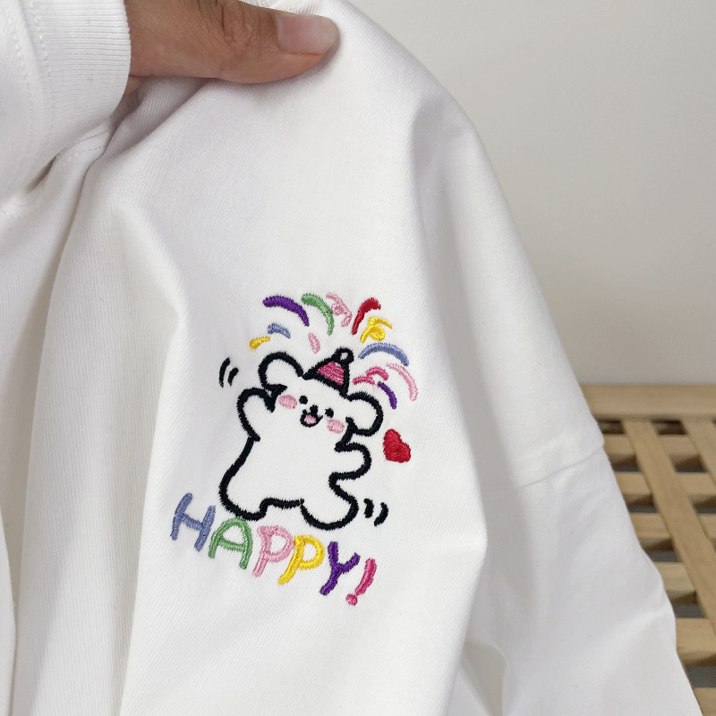 HHOP日系烟花线条小狗刺绣短袖重磅纯棉T恤宽松春夏慵懒风上衣女