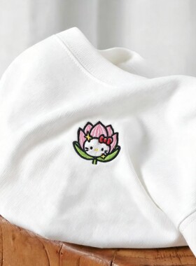 禧衫荷花猫刺绣宽松长袖T恤