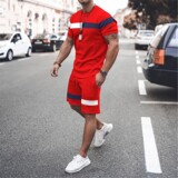 2022夏季外贸男士青年拼色圆领短袖短裤休闲套装1412-TZ37，男装休闲套装，星座四季星座1412