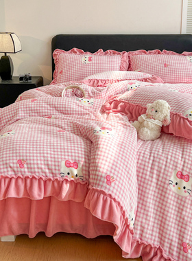 2025新款热卖舒适大宽花边牛奶绒床盖床裙四件套爆款大宽花边系列