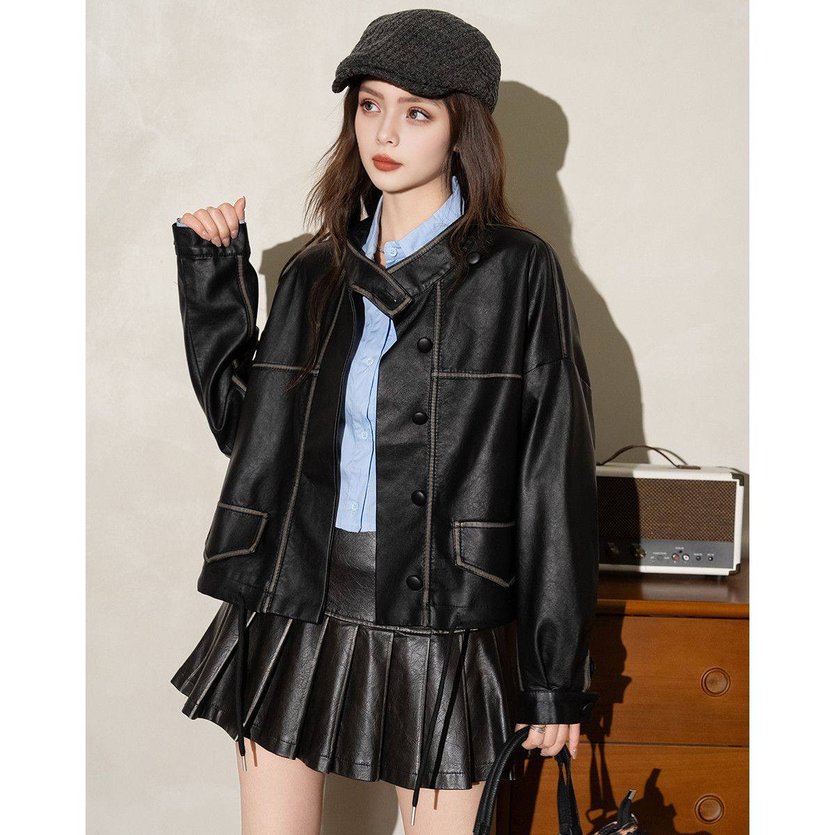 新款短款女皮衣女春秋季高级感轻奢休闲百搭宽松pu皮气质上衣外套,女装/女士精品,皮衣,淘宝优惠券,粉丝福利购,淘宝优惠卷