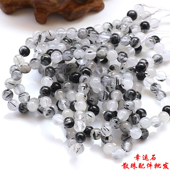 天然水晶黑发晶6-16MM手链项链散珠圆珠串珠子 DIY饰品材料配件