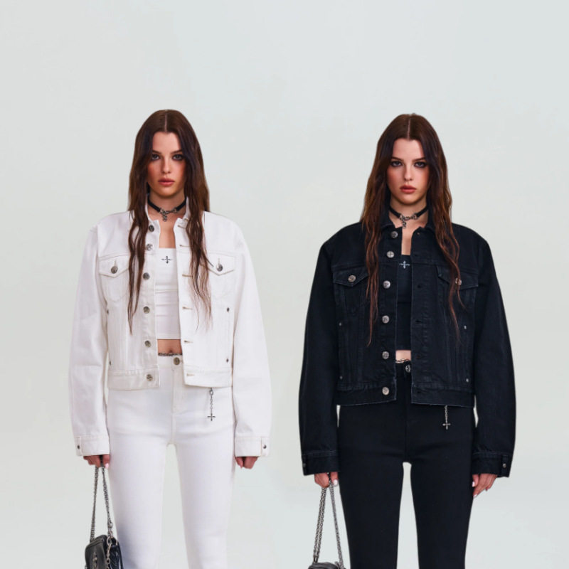 SFK十字永恒修身牛仔夹克全棉修身黑白新款外套春季女