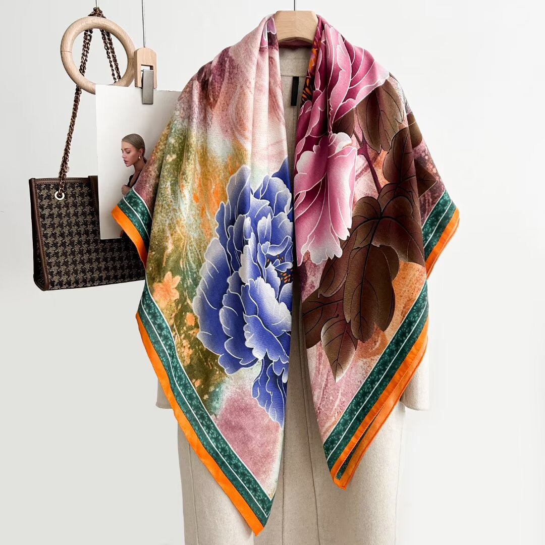 国色天香牡丹人字纹丝毛手工卷边大方巾秋冬保暖款丝绒围巾披肩