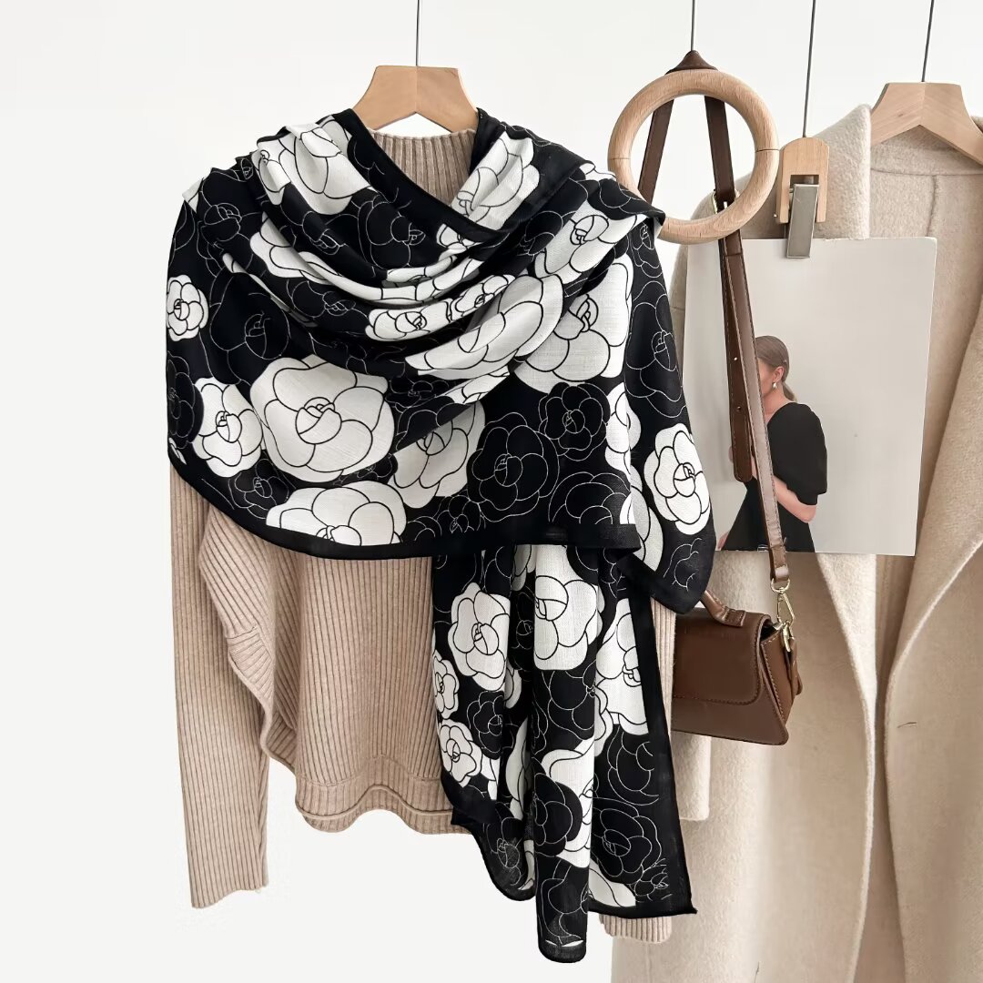 山茶花丝毛围巾女秋冬百搭多功能保暖长巾披肩70*180