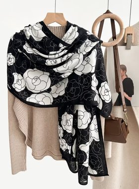 山茶花丝毛围巾女秋冬百搭多功能保暖长巾披肩70*180