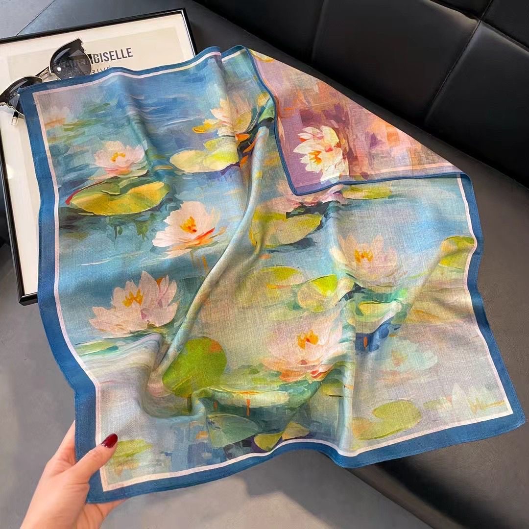 荷塘月色油画风丝毛方巾丝巾围巾女秋冬季保暖披肩围脖两用70*70