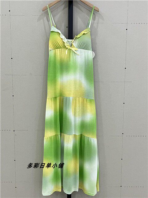 外贸日本原单吊带连衣裙女夏性感V领A版扎染脚踝长塔裙调节有胸垫