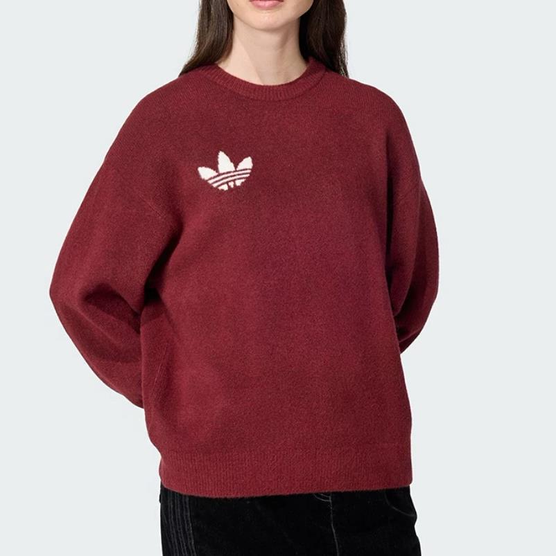 阿迪达斯正品三叶草棉质毛衣新款女子刺绣圆领套头针织衫 KF2537