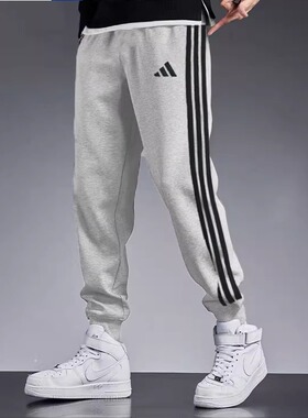 阿迪达斯加绒裤子男秋冬新款束脚裤运动裤休闲灰色JE6318 JD1861