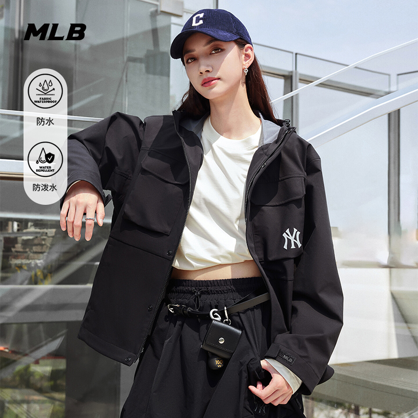 MLB冲锋衣男女25秋冬款NY三合一防水连帽运动夹克外套3AWJB0156