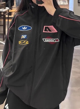 阿迪达斯三叶草25款女子赛车风立领宽松夹克外套 KG6677 KG6676