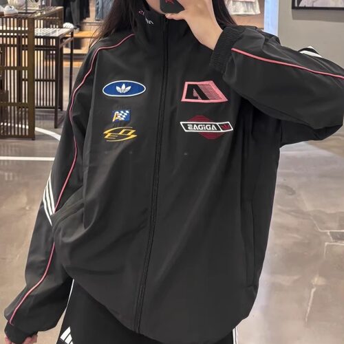阿迪达斯三叶草25款女子赛车风立领宽松夹克外套 KG6677 KG6676