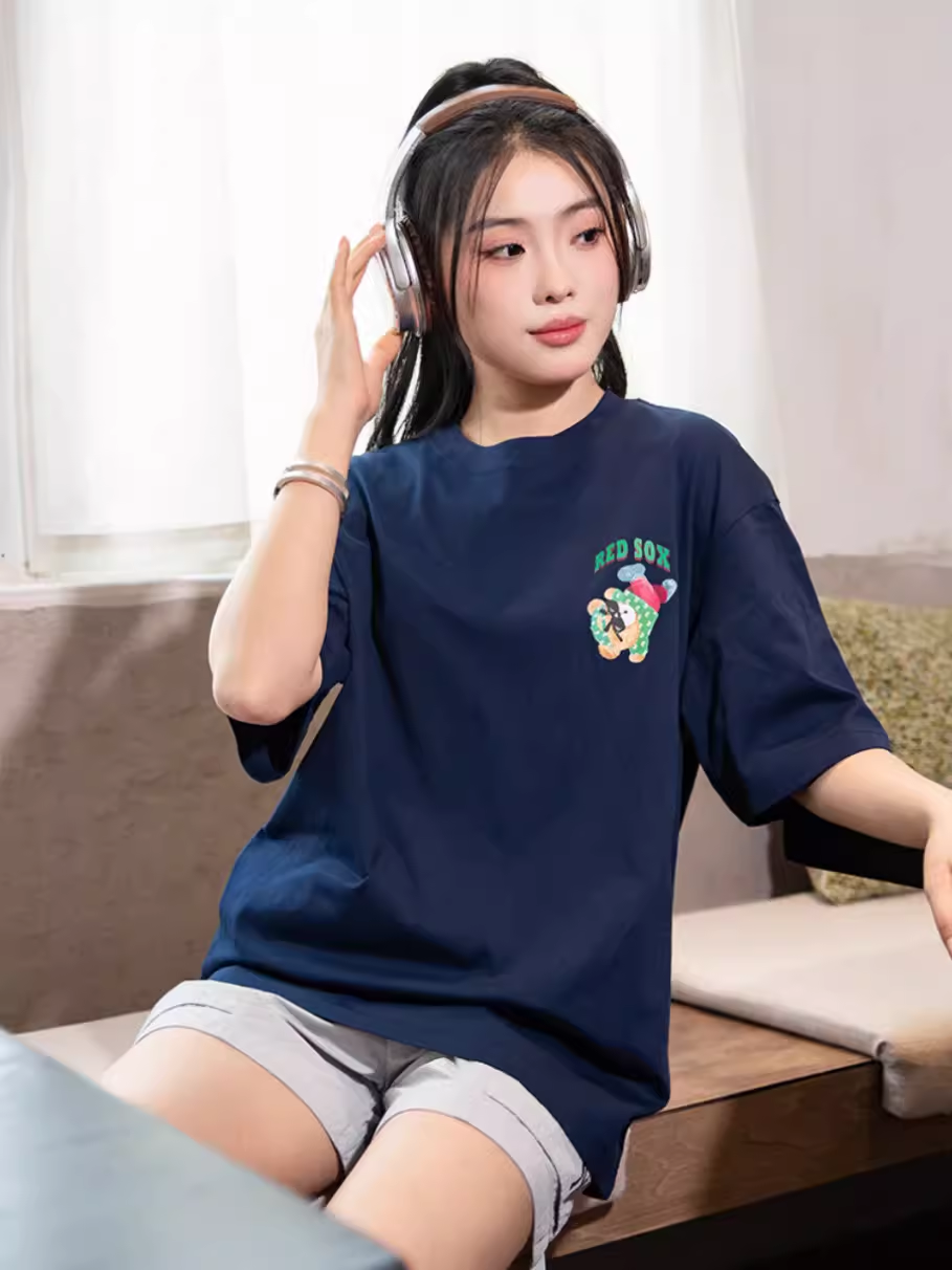 MLB情侣学院风半截小熊2024新款男女同款透气短袖T恤3ATSE0243