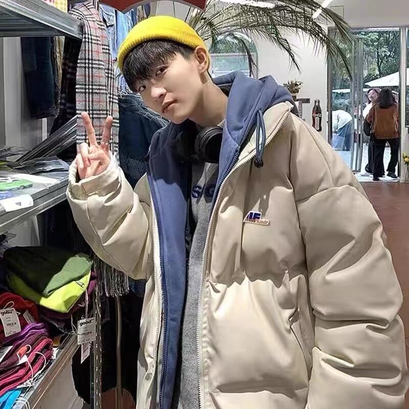 冬季加厚连帽假两件棉服男潮流宽松面包服棉衣外套学生百搭羽绒服
