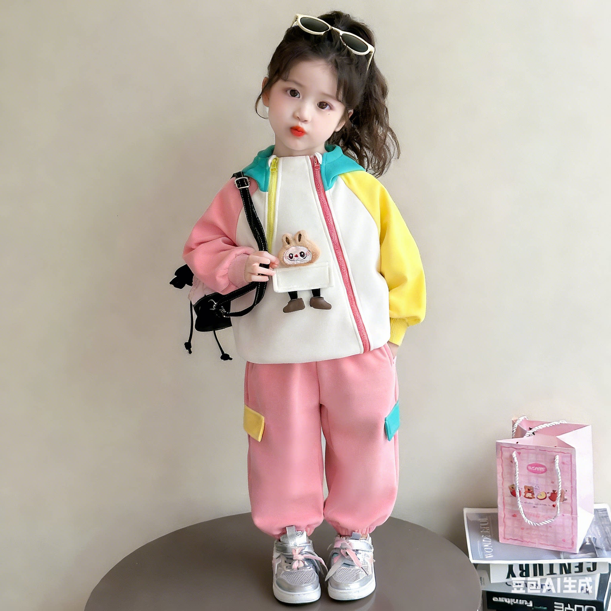 女童卡通拼色运动春秋套装2026新款中小童女宝连帽卫衣休闲裤两件