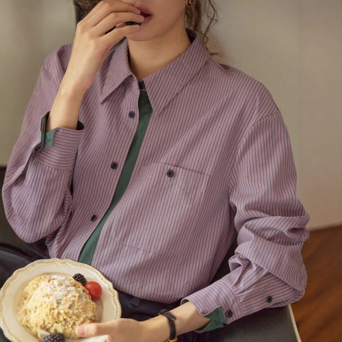 法式复古撞色竖条纹衬衫女秋冬新款港风文艺磨毛宽松长袖衬衣上衣