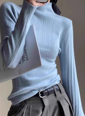 韩系别致好看蓝色高领长袖针织打底衫女秋季新款洋气减龄绝美小衫