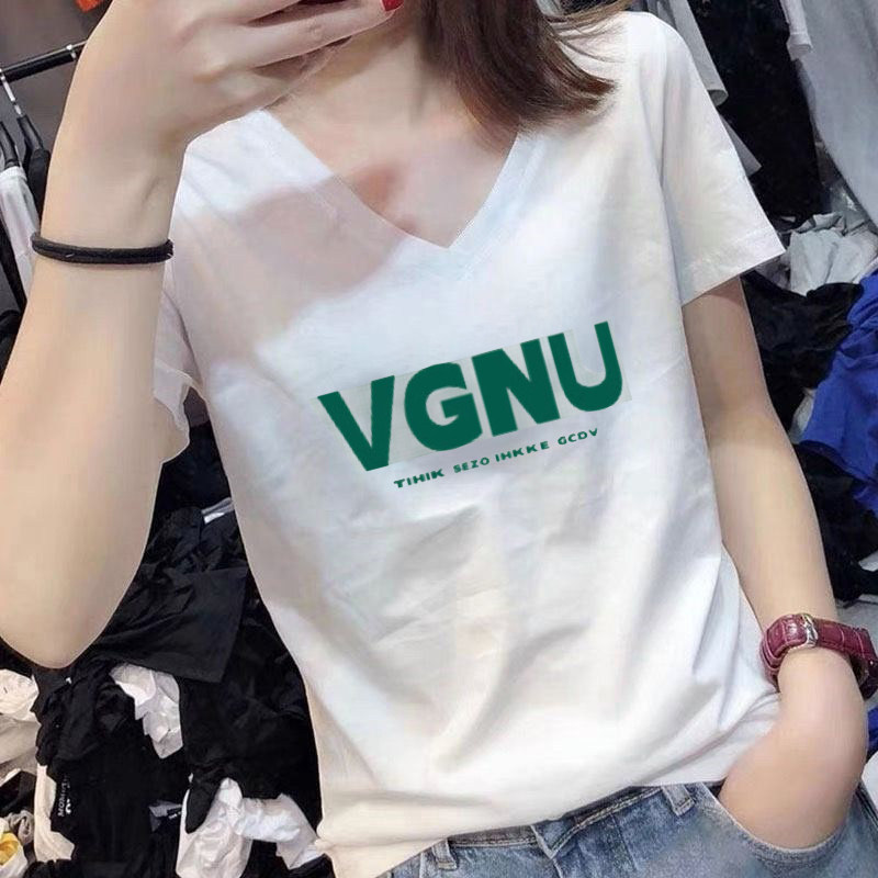 纯棉V领短袖t恤女2026年夏季新款印花宽松大码韩版半袖体恤上衣潮