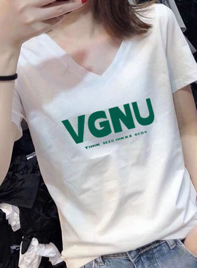 欧洲站纯棉V领短袖t恤女夏季新款欧货印花宽松大码韩版半袖上衣潮