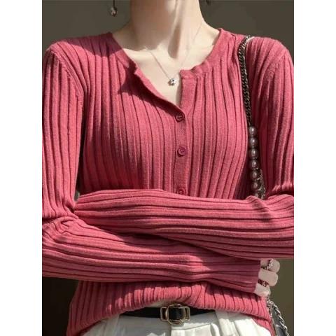 秋冬装V领设计感小众长袖针织坑条开衫修身外套百搭毛衣打底上衣