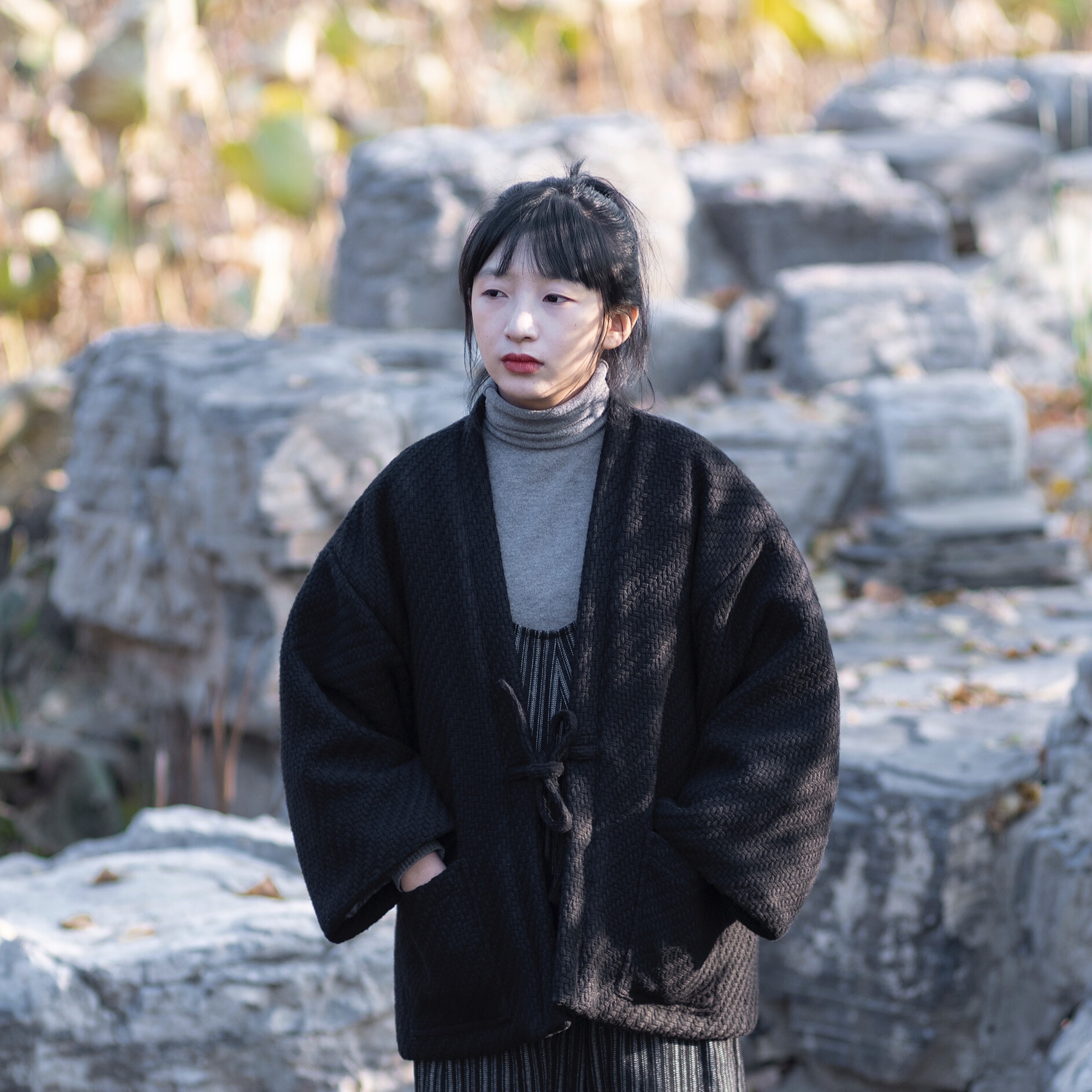 黑色粗花呢日式棉袄棉服夹棉半缠