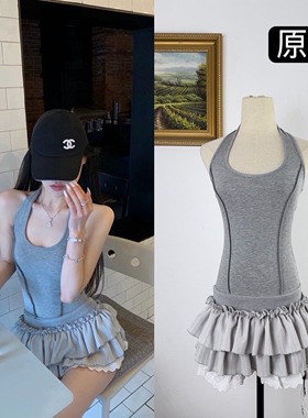 0ope 私服韩女灰色挂脖修身蛋糕裙性感辣妹收腰无袖短款连衣裙