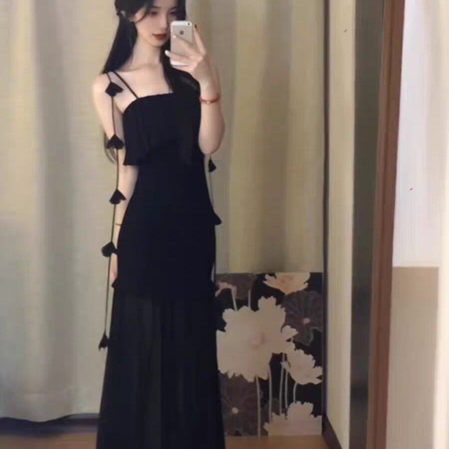2026新款御姐高级感黑色无袖抹胸连衣裙子女夏季收腰包臀网纱长裙