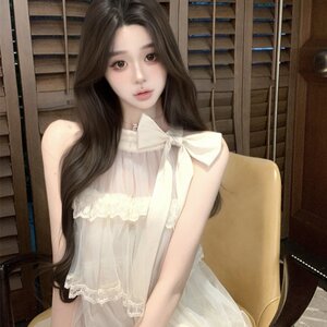 实价实拍蝴蝶结无袖挂脖连衣裙女纯欲风网纱蓬蓬A字裙