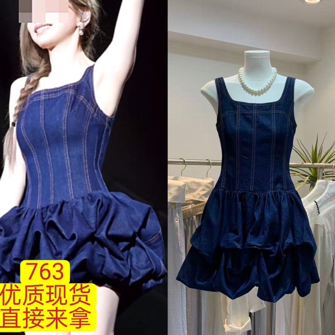 王心凌同款 牛仔蓬蓬裙丹宁牛仔花苞收腰连衣裙