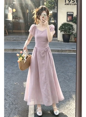 法式巨好看紫色短袖连衣裙子女夏季2026新款海边度假漂亮气质长裙