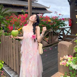 Q女家 布拉格之夏/绝美飘逸海边度假碎花大摆连衣裙夏一字肩长裙