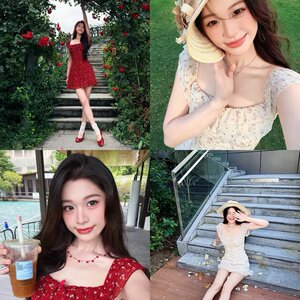 六指导 花境缪斯 甜美荷叶边方领碎花连衣裙修身收腰法式a字裙女