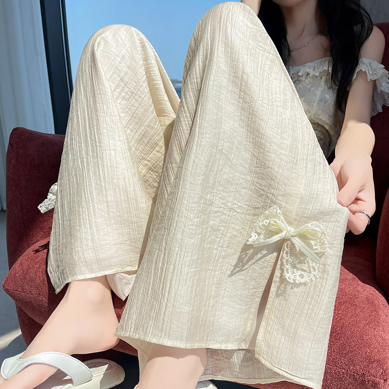 实拍法式浪漫风2026夏新款蝴蝶结盘扣阔腿裤女松紧腰显瘦垂感裤子