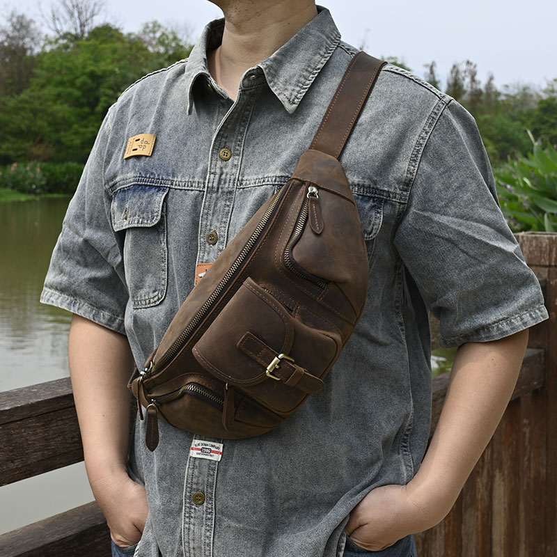 头层牛皮机车包胸包腰包