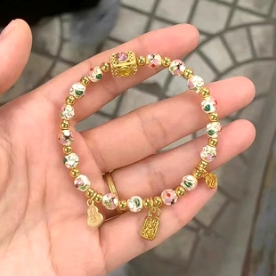 白色景泰蓝繁花手链潘家园纳福香灰琉璃多巴胺掐丝手串金箔饰品