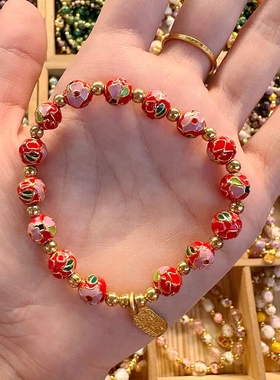 红色景泰蓝手串掐丝珐琅繁花系金箔潘家园景区琉璃手链饰品拿货