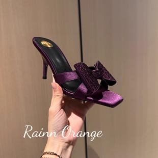 杨树林2025新款方头交叉带高跟水钻蝴蝶结凉拖鞋女夏外穿细跟露趾