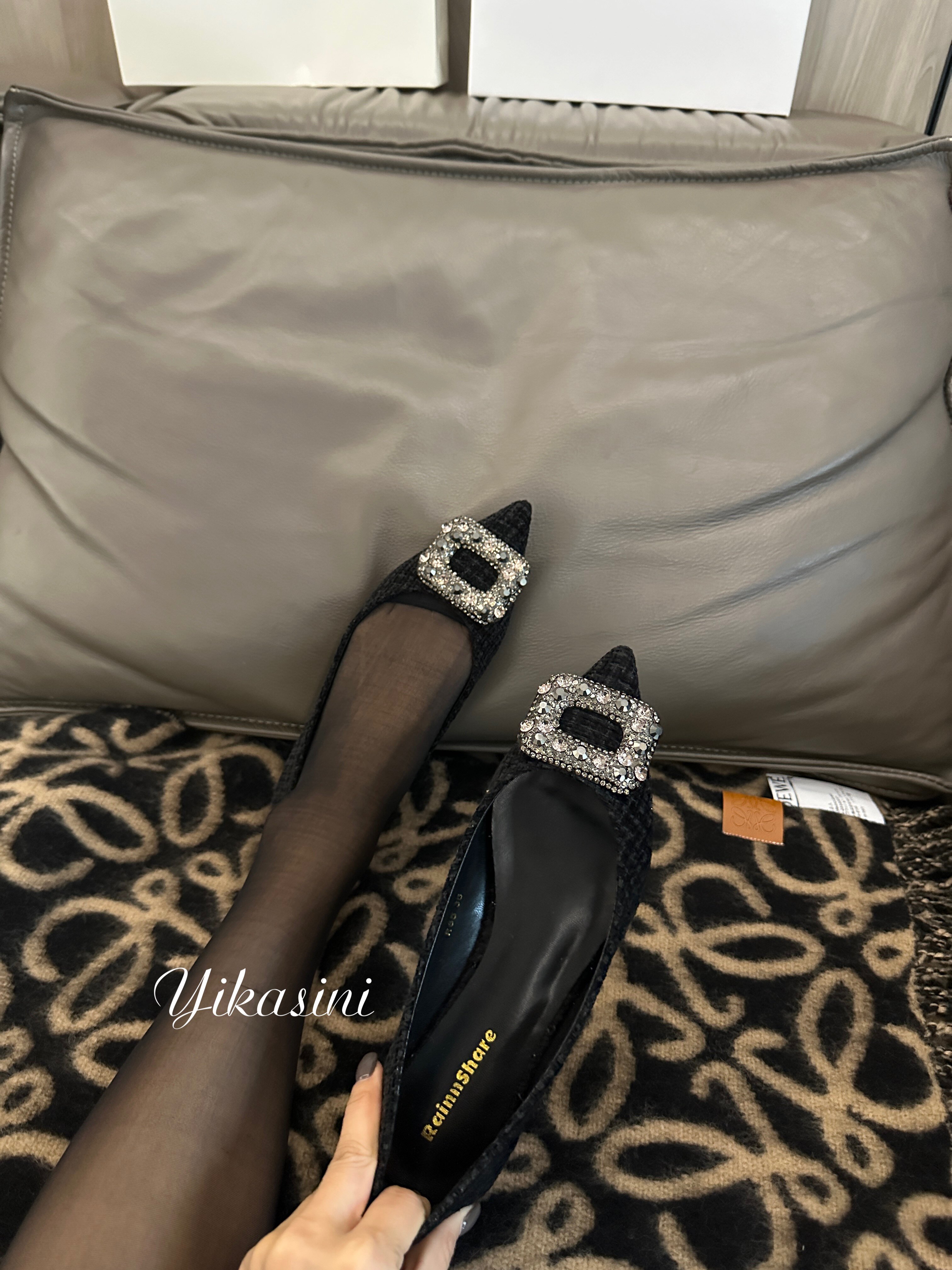 小雨家 经典方扣妮子布平底单鞋尖头浅口高跟鞋细跟水钻黑色鞋子