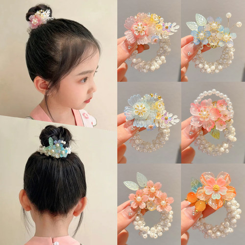 汉服头饰儿童珍珠发绳女童超仙古风花朵头绳中国风女孩古装发圈女