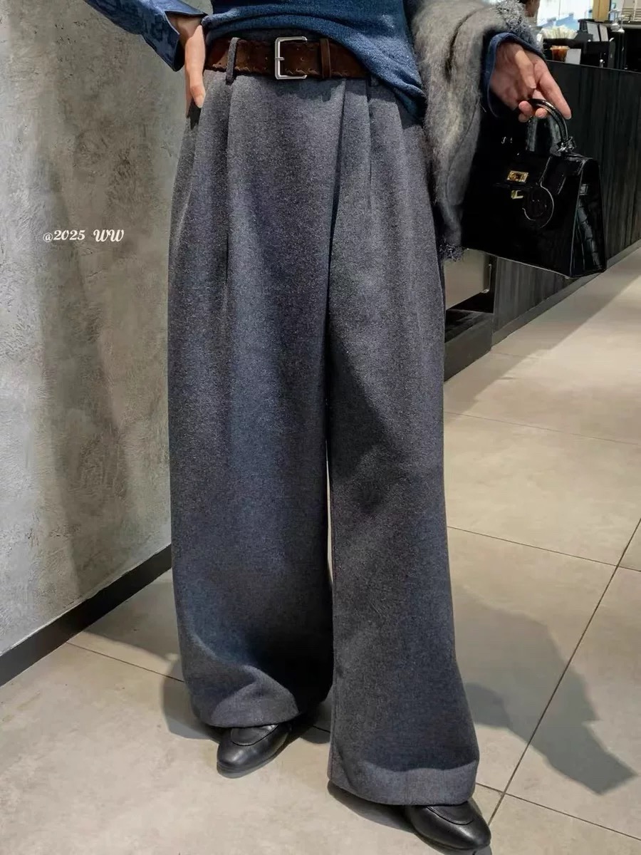 欧洲站2025冬季新款V+.COM时尚高腰显瘦褶皱百搭直筒加厚休闲裤女