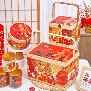 新年抱抱桶礼盒竹编篮年货礼品盒烘焙饼坚果春节2026马年礼盒包装