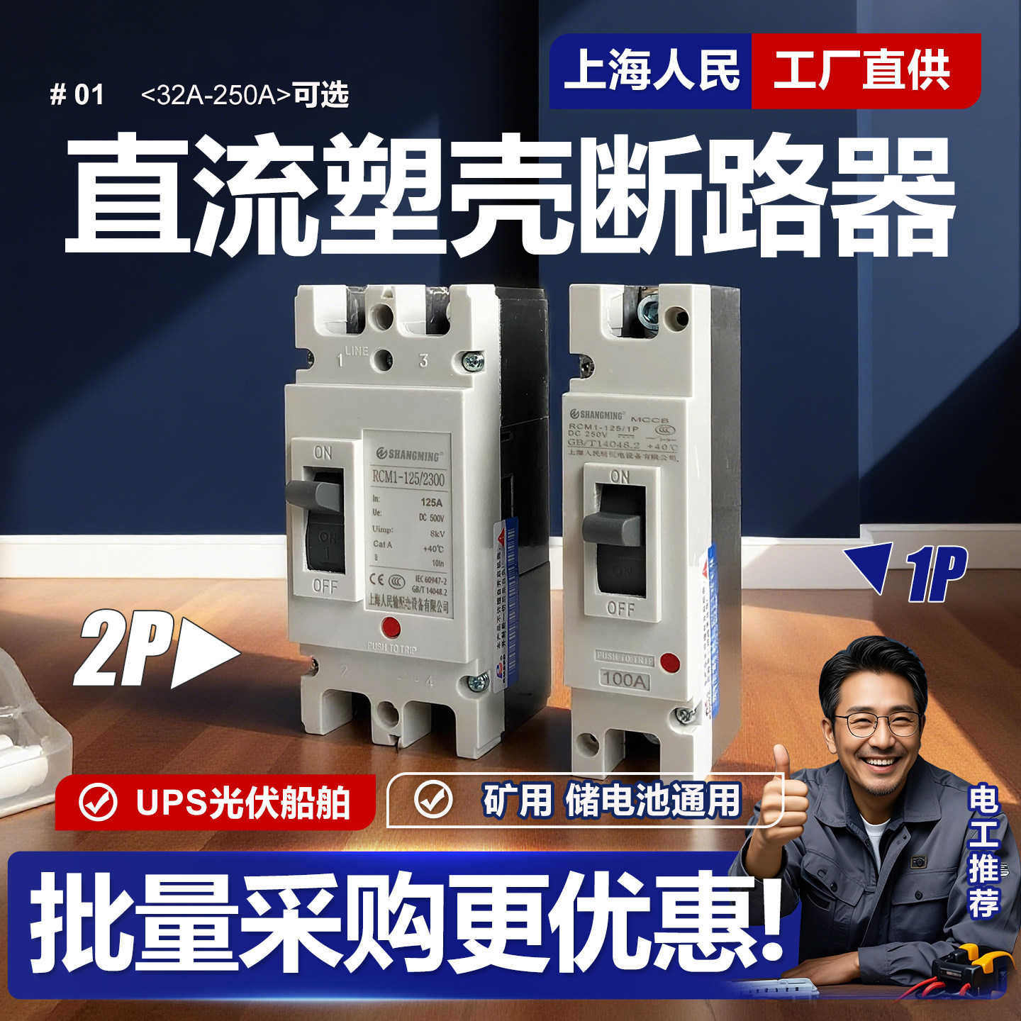 上海人民直流塑壳断路器1P2P125A200A250A光伏储能空气开关DC500V