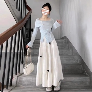 新款 甜美白色半身裙女2025夏季 蝴蝶结a字蛋糕裙高腰大摆蓬蓬伞裙