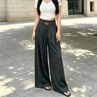 气质高腰垂感压皱阔腿长裤女时尚韩版纯色纽扣宽松遮胯显瘦休闲裤