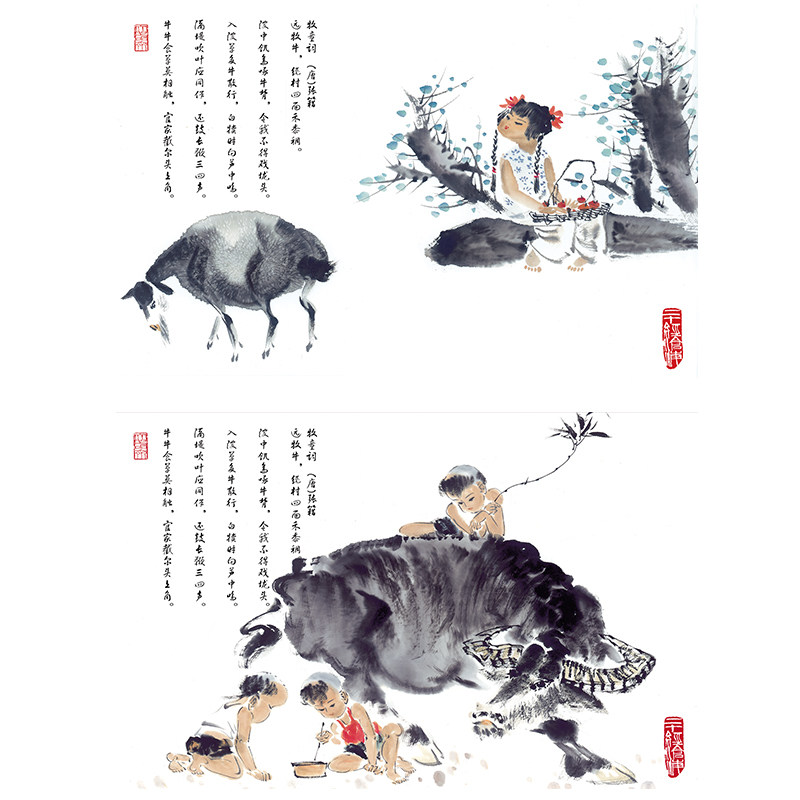 中式水墨画牛图牧童骑牛男孩女孩客厅书房茶室壁画墙画喷绘布画