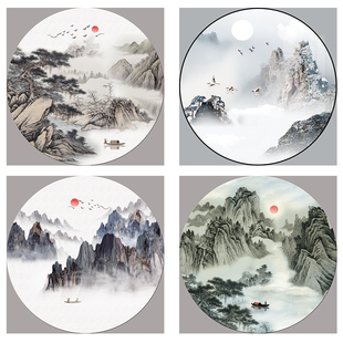 中式圆形水墨山水风景挂画富春山居迎客松客厅书房墙画背胶布画