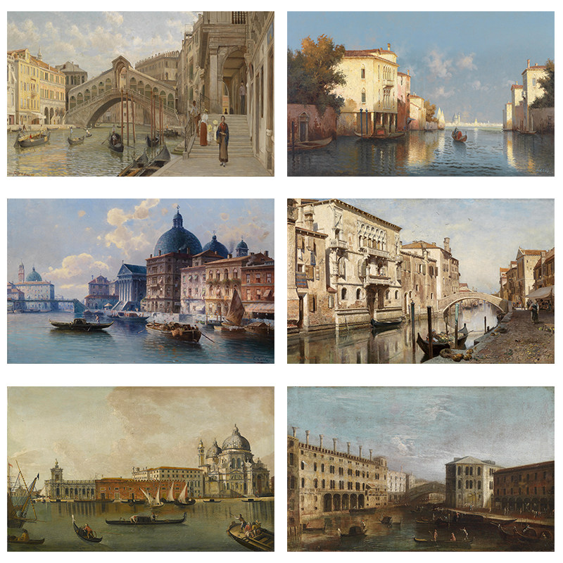 中世纪复古油画水城威尼斯风景客厅酒店走廊过道楼梯转角挂画布画
