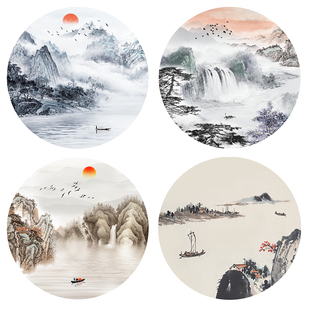 迎客松圆形水墨山水画飞鸟小桥富春山居图客厅玄关墙画背胶自贴画