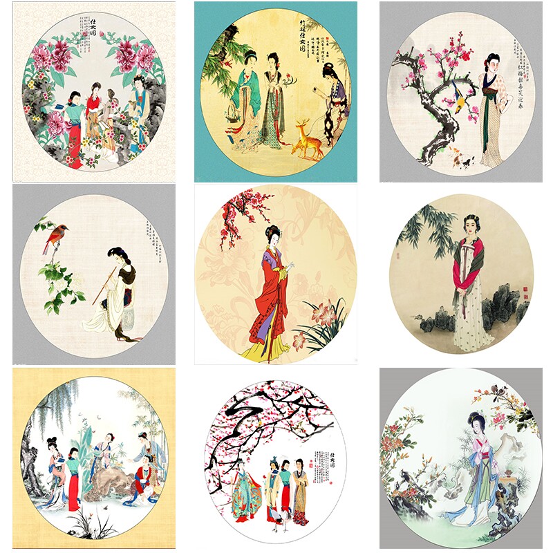 圆形古典美女仕女图挂画客厅屏风会所走廊过道墙画喷绘背胶布画